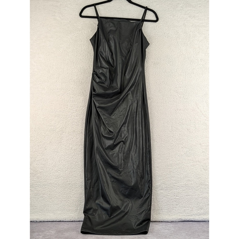 Akira Faux Leather Maxi Dress Black Ruched Spaghetti Strap Square Neck Womens M